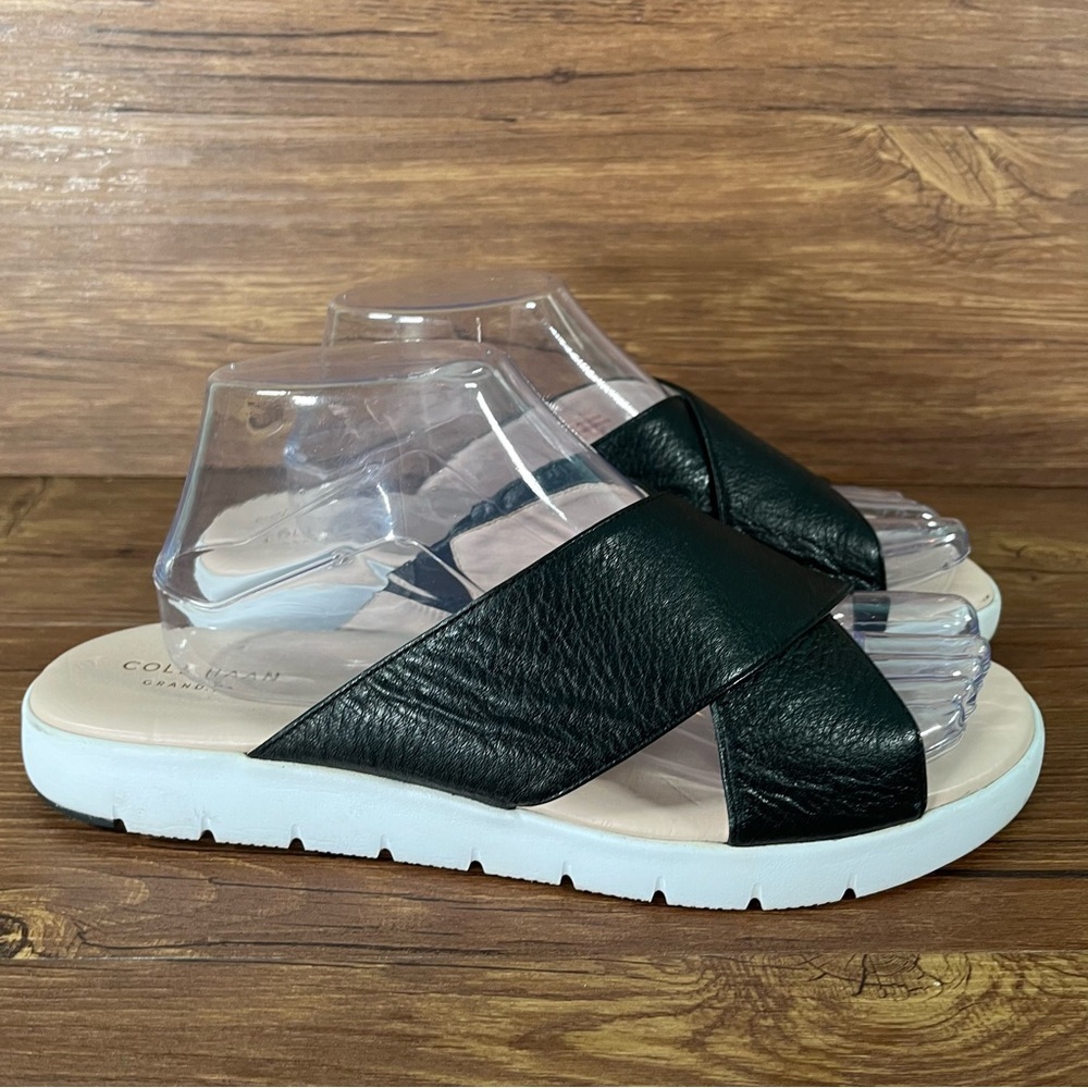 COLE HAAN ZEROGRAND Criss Cross Black Leather Slides Sandals Women’s Size 9.5C